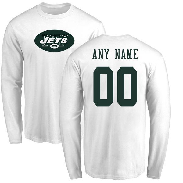 Men New York Jets NFL Pro Line White Custom Name and Number Logo Long Sleeve T-Shirt